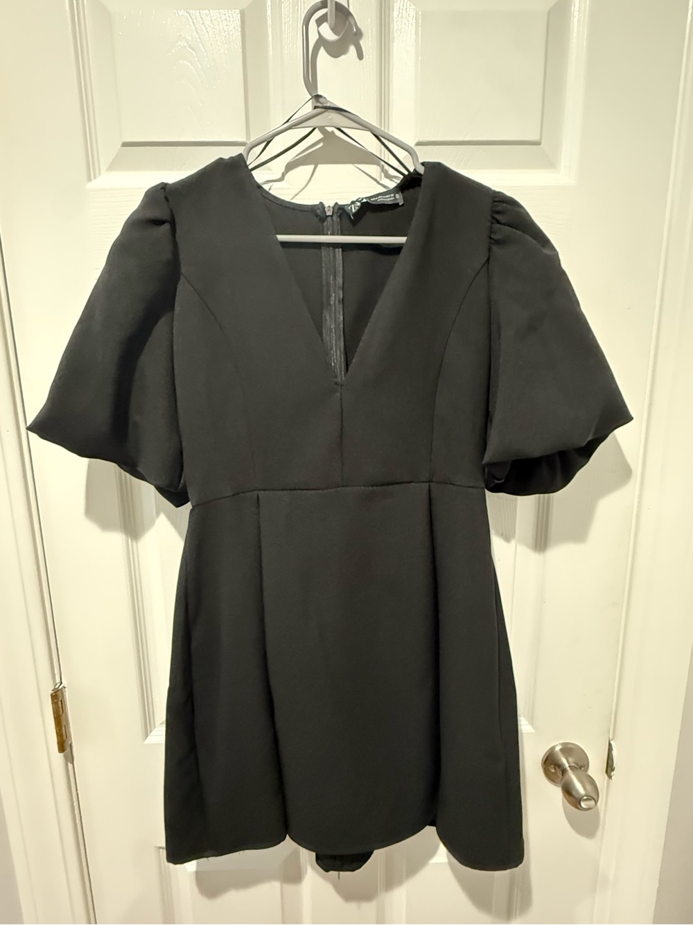 Zara Black V-Neck Puff Sleeve Mini Dress